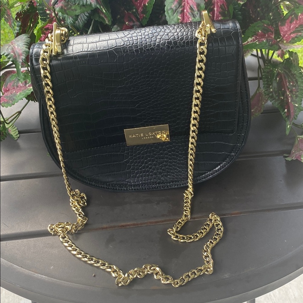 Katie Loxton London Black and Gold Crossbody Bag with Croc Texture